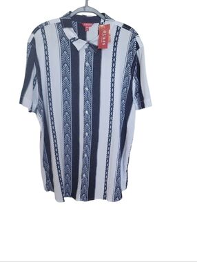 Guess Men's Black and White Vertical Stripe Button Down Shirt XL